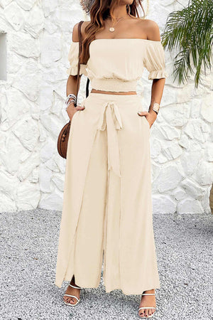 Arolora off-shoulder-crop-top-tie-up-pants-suits