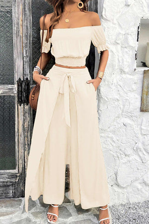 Arolora off-shoulder-crop-top-tie-up-pants-suits