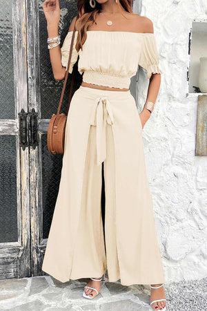 Arolora off-shoulder-crop-top-tie-up-pants-suits