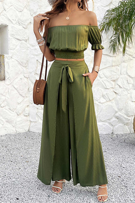 Arolora off-shoulder-crop-top-tie-up-pants-suits