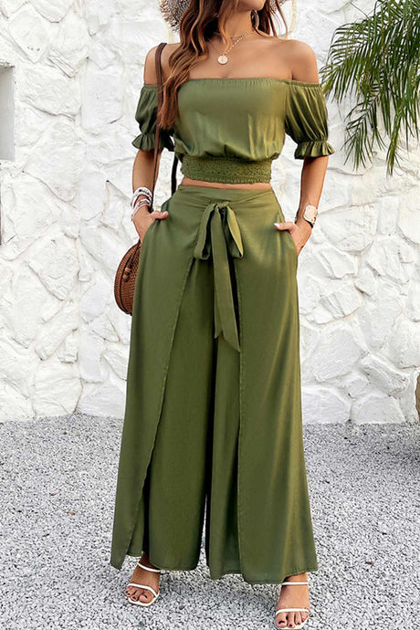 Arolora off-shoulder-crop-top-tie-up-pants-suits