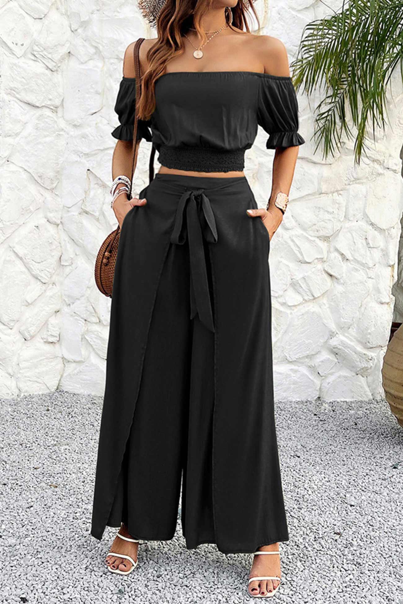 Arolora off-shoulder-crop-top-tie-up-pants-suits