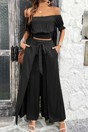 Arolora off-shoulder-crop-top-tie-up-pants-suits