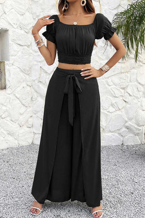 Arolora off-shoulder-crop-top-tie-up-pants-suits