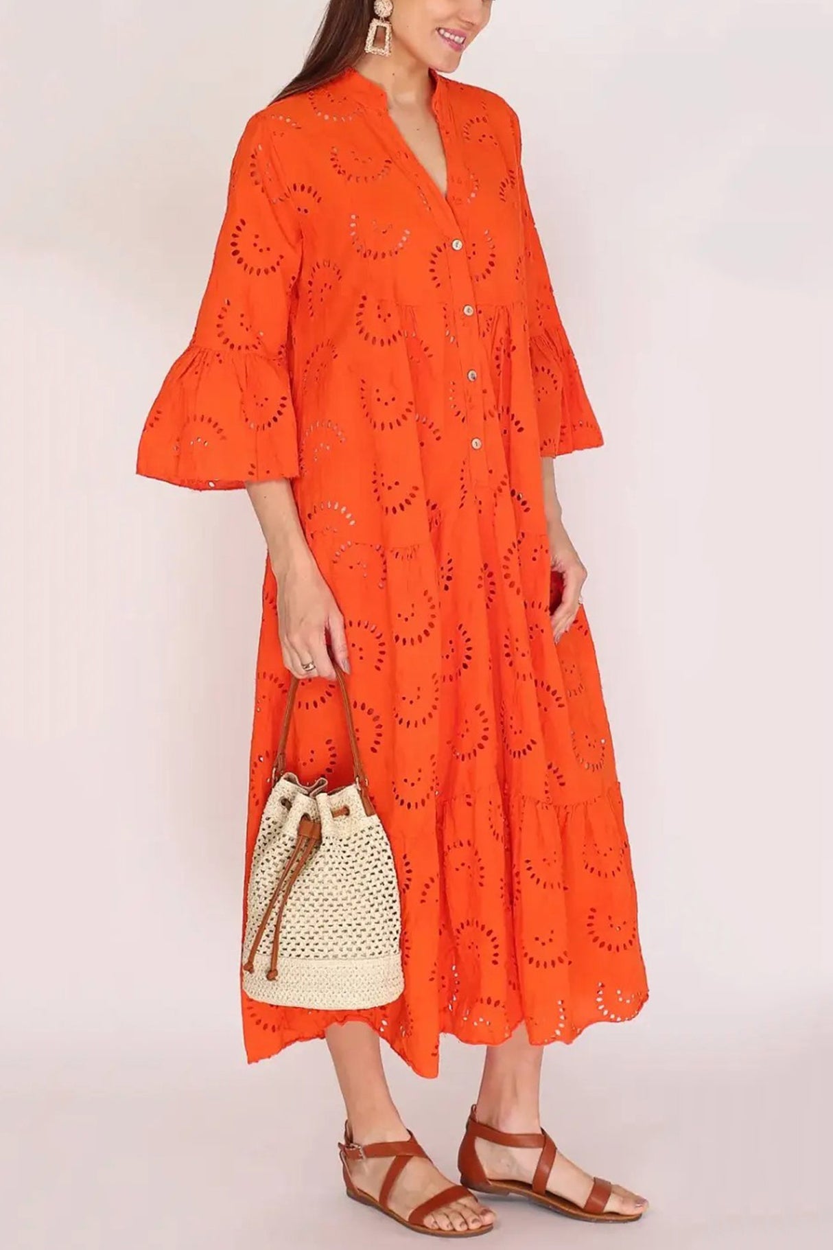 V Neck Flares Sleeve Embroidery Cotton Dress