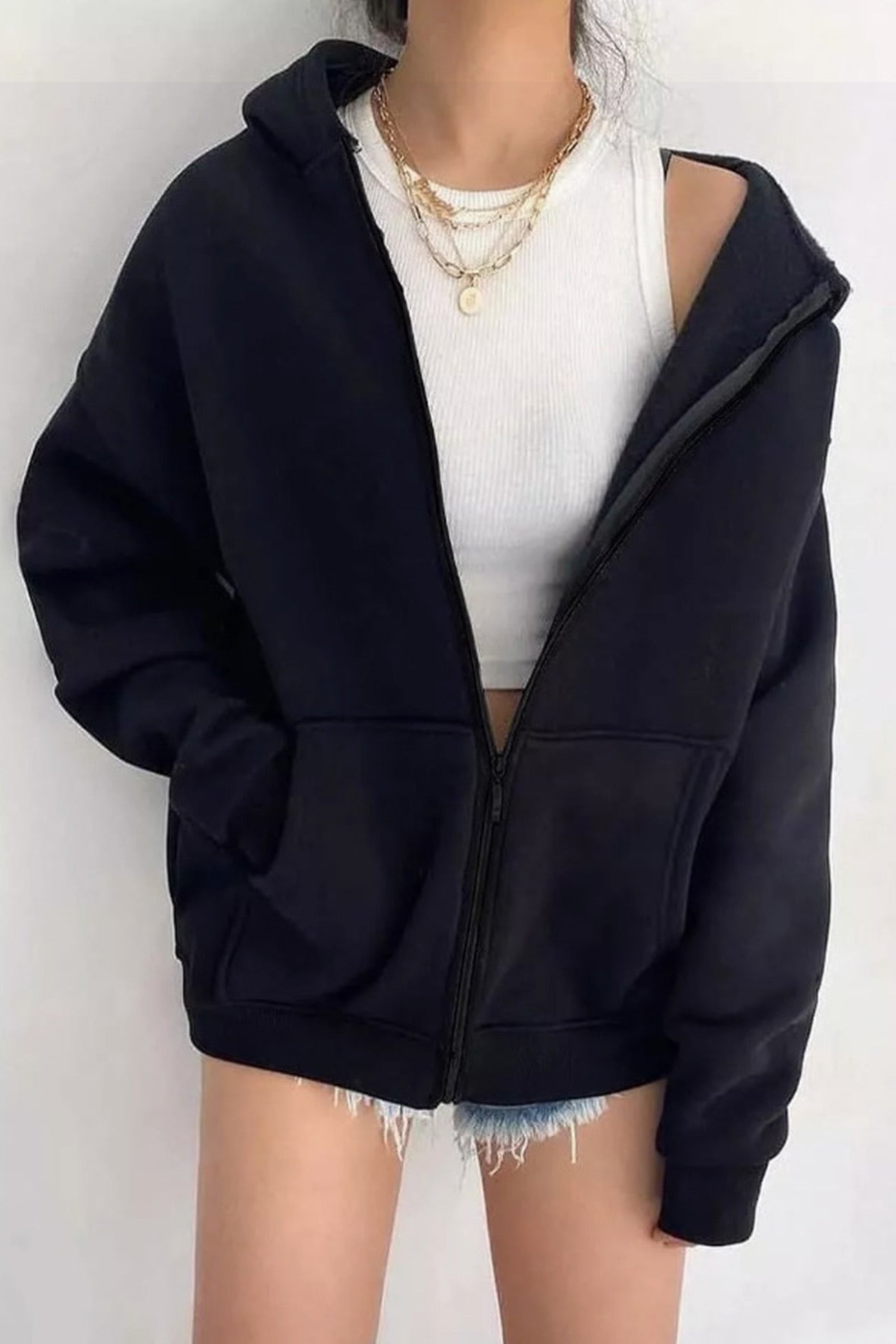 Arolora oversized-solid-zip-up-hoodie