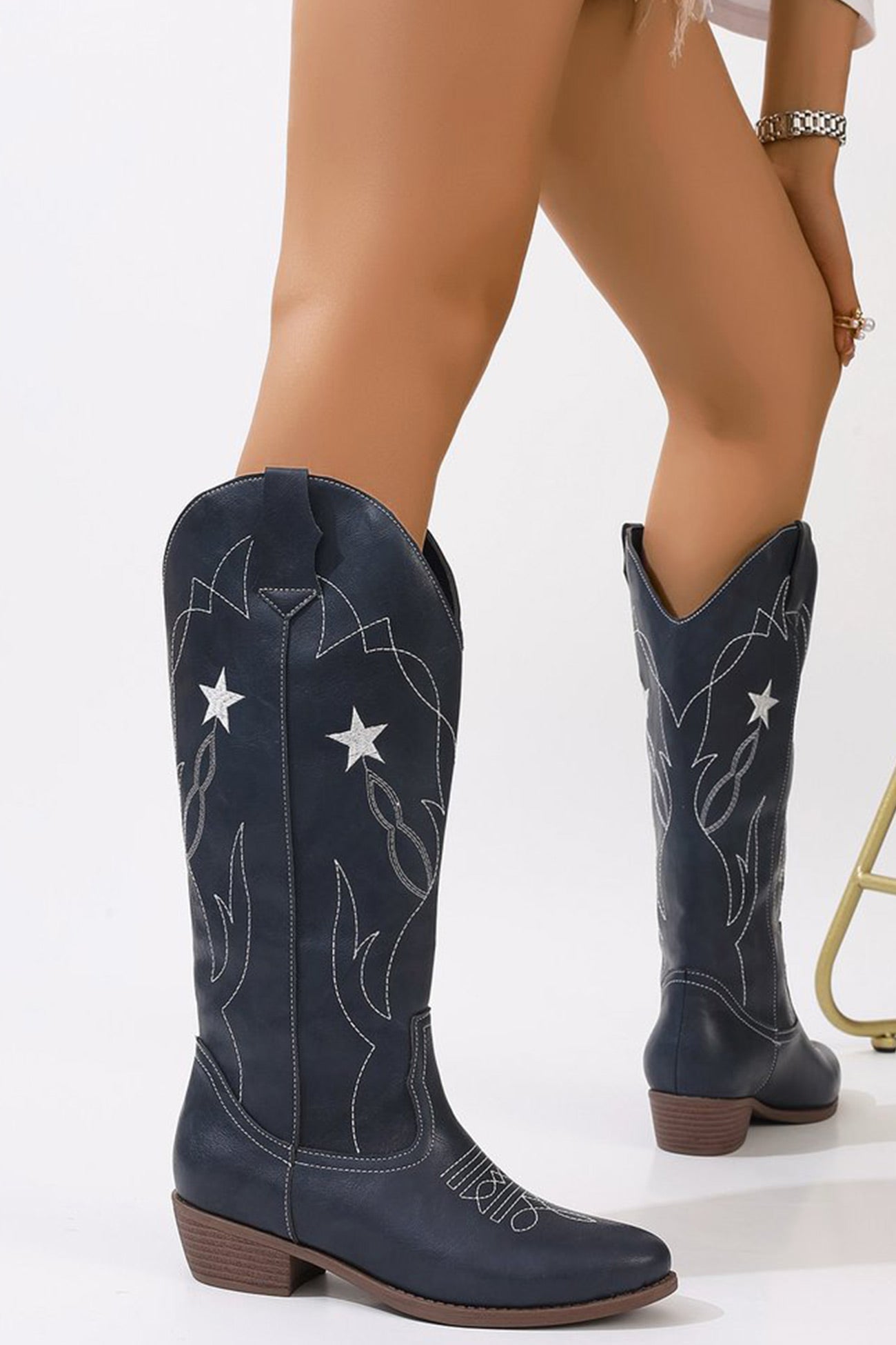 Arolora Pentagram Embroidered Chunky Heel Western Boots