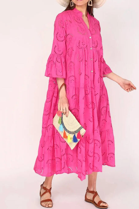 V Neck Flares Sleeve Embroidery Cotton Dress