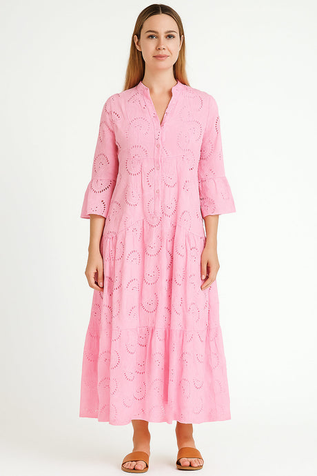 V Neck Flares Sleeve Embroidery Cotton Dress