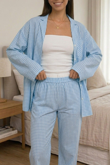 Plaid Blouse Cotton Two-piece Outfit