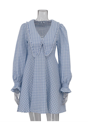 Plaid Lapel Puff Sleeve Baby Doll Dress