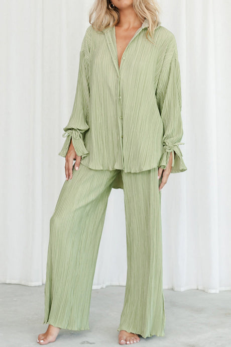 Arolora pleated-blouse-slit-long-pants-set