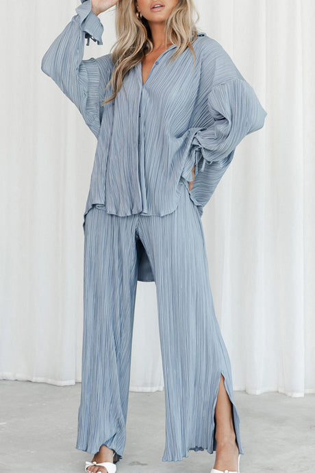 Arolora pleated-blouse-slit-long-pants-set