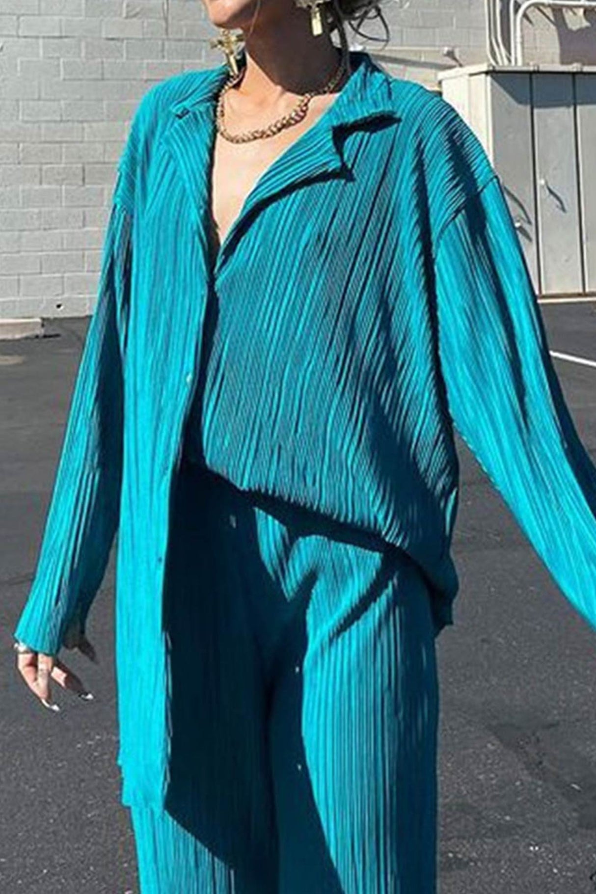 Pleated Shirt Wide Leg Pants Set