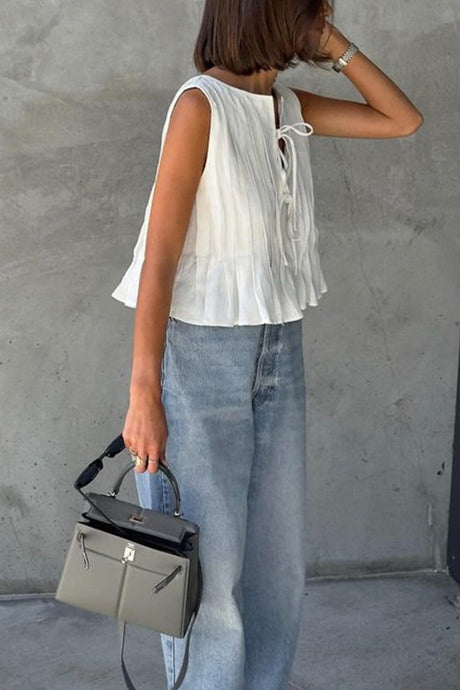 Pleated Tie-up Cotton Linen Tank Top