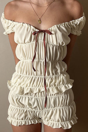 Pleated Tie-up Drop Shoulder Crop Top Shorts Set