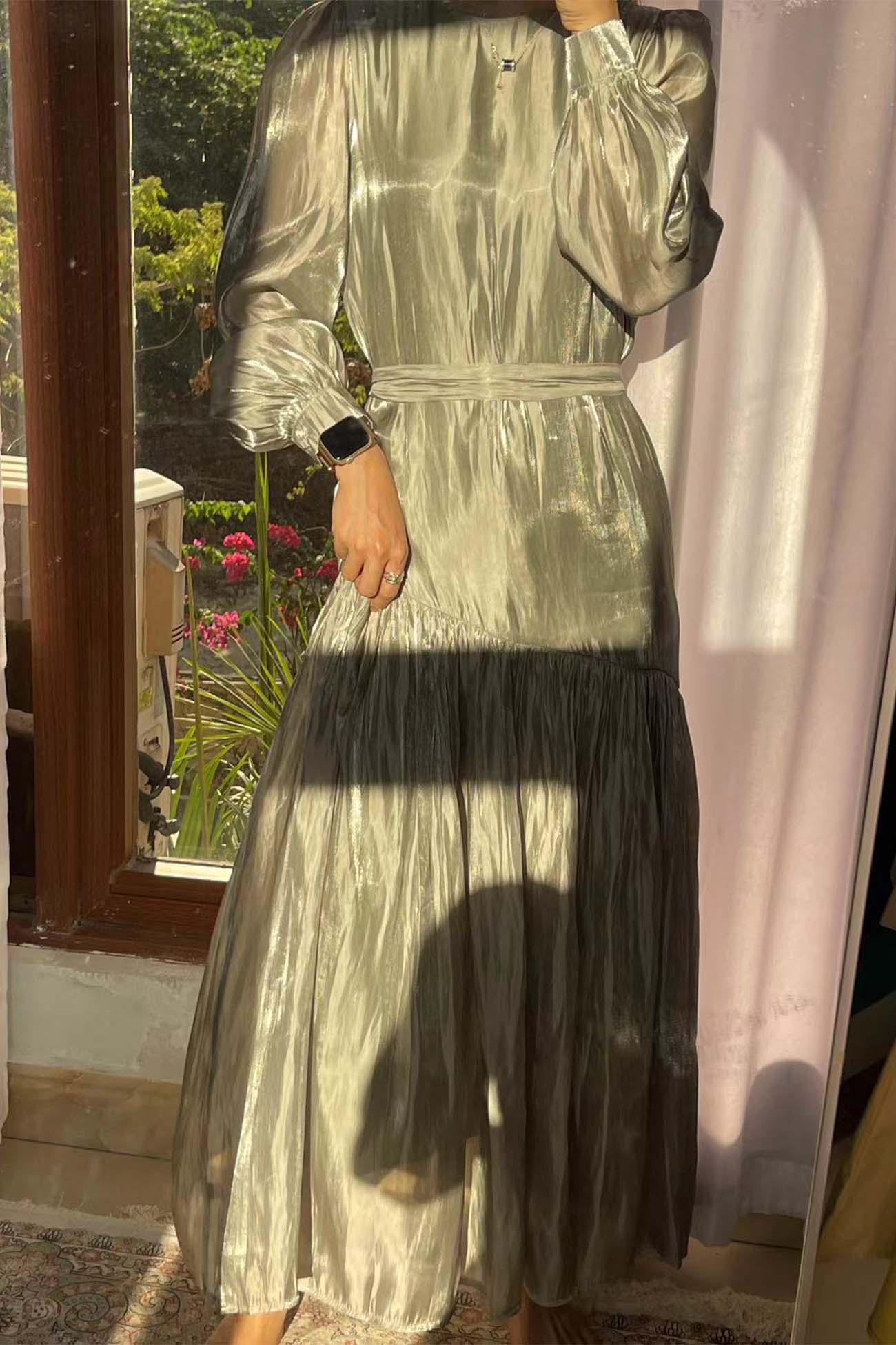 Arolora pleated-tie-waist-long-sleeve-maxi-dress