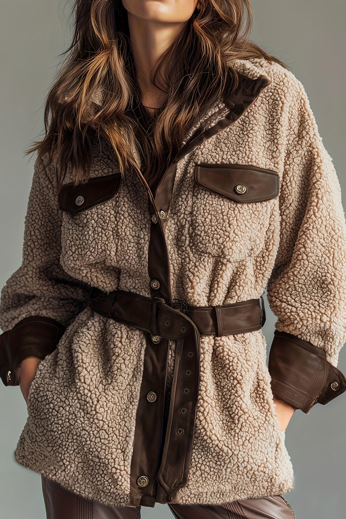 Plush PU Patchwork Belted Retro Coat