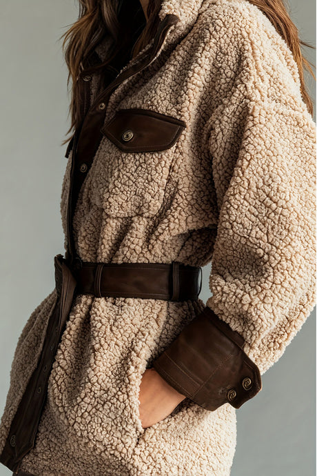 Plush PU Patchwork Belted Retro Coat