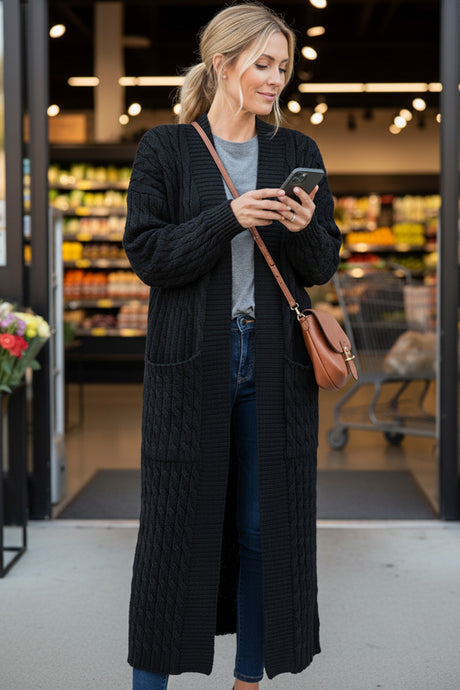 Pocketed Cable Knit Long Cardigan