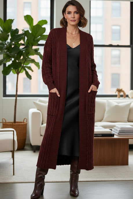 Pocketed Cable Knit Long Cardigan