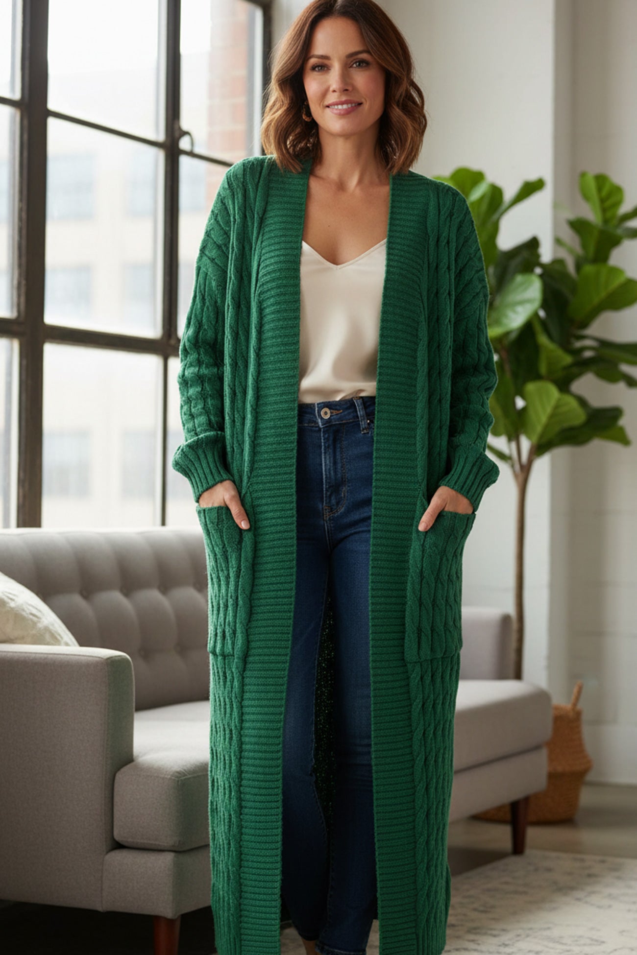 Pocketed Cable Knit Long Cardigan – AROLORA