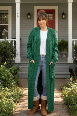 Pocketed Cable Knit Long Cardigan