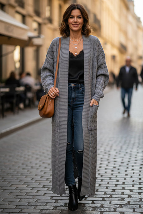 Pocketed Cable Knit Long Cardigan