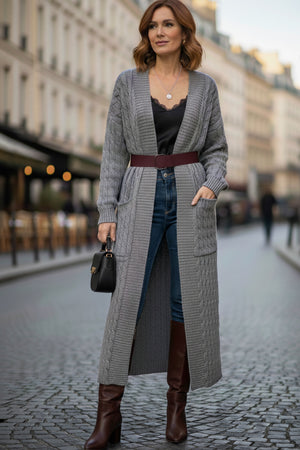 Pocketed Cable Knit Long Cardigan