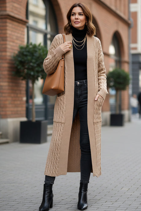 Pocketed Cable Knit Long Cardigan