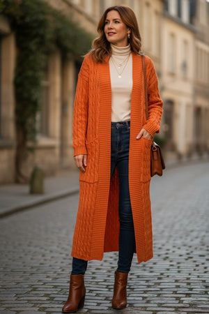 Pocketed Cable Knit Long Cardigan