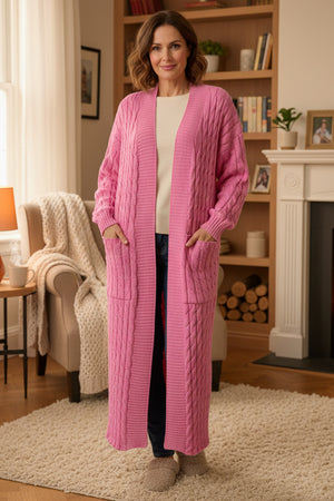 Pocketed Cable Knit Long Cardigan