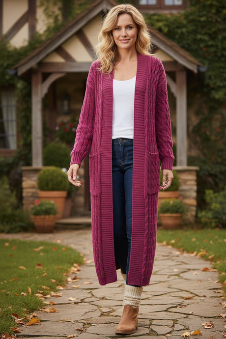 Pocketed Cable Knit Long Cardigan