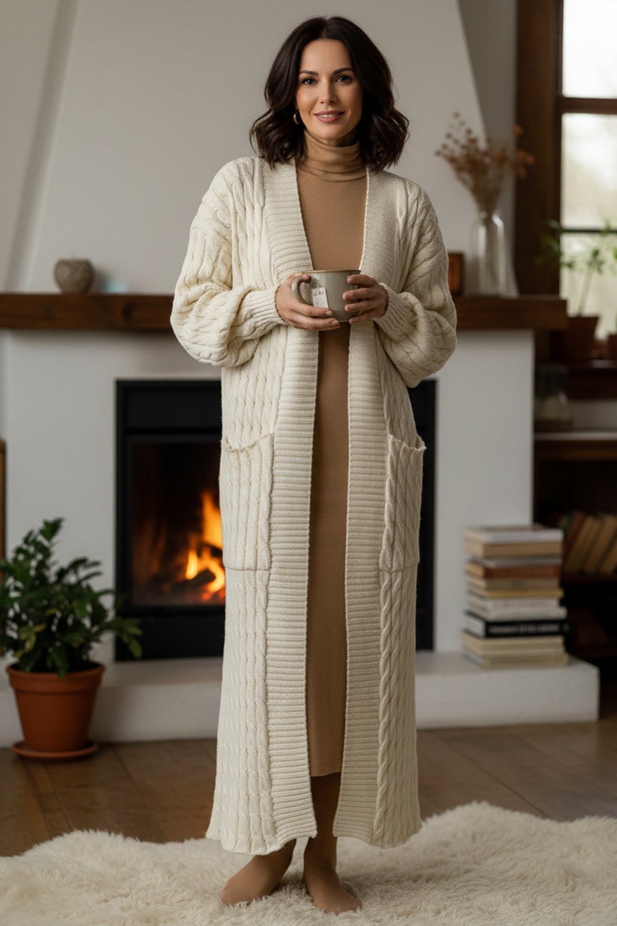 Pocketed Cable Knit Long Cardigan
