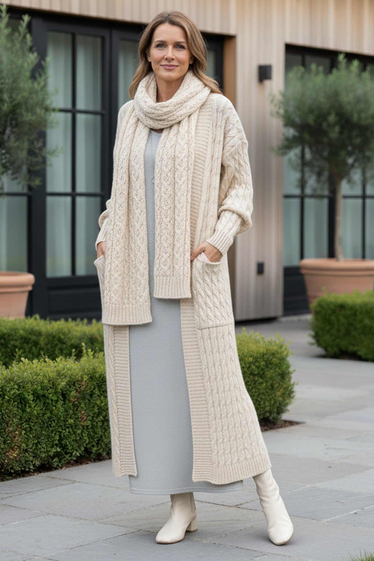 Pocketed Cable Knit Long Cardigan