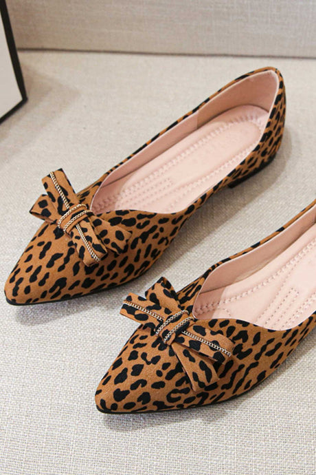 Pointed Toe Leopard Print Bow Flats
