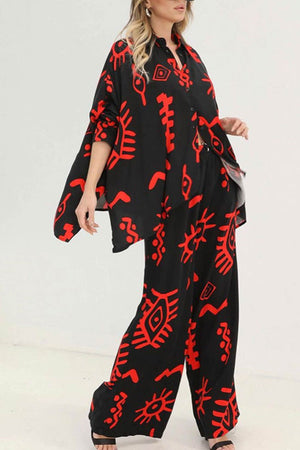Arolora printed-bat-sleeve-loose-shirt-suits