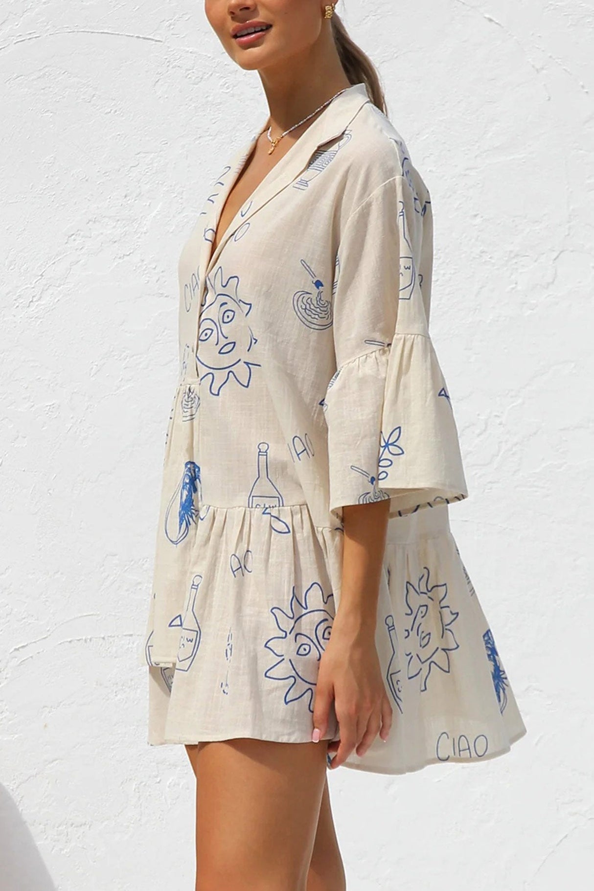 Arolora printed-flares-sleeve-ruched-mini-dress