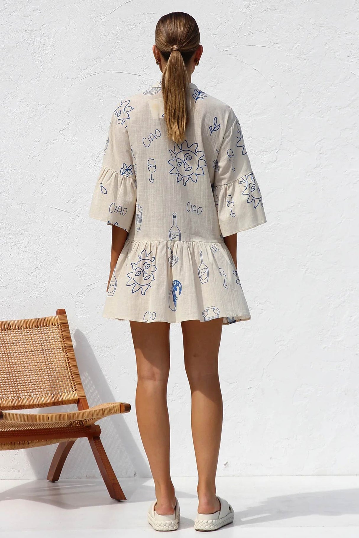 Arolora printed-flares-sleeve-ruched-mini-dress
