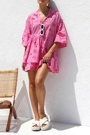 Arolora printed-flares-sleeve-ruched-mini-dress