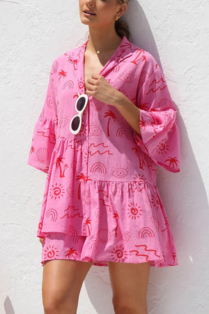 Arolora printed-flares-sleeve-ruched-mini-dress
