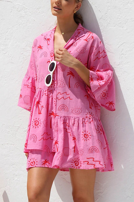 Arolora printed-flares-sleeve-ruched-mini-dress