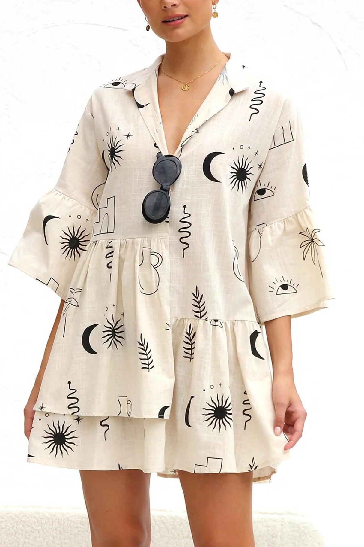 Arolora printed-flares-sleeve-ruched-mini-dress