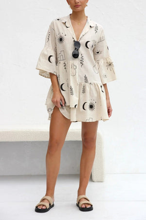 Arolora printed-flares-sleeve-ruched-mini-dress