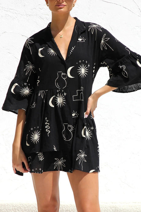 Arolora printed-flares-sleeve-ruched-mini-dress