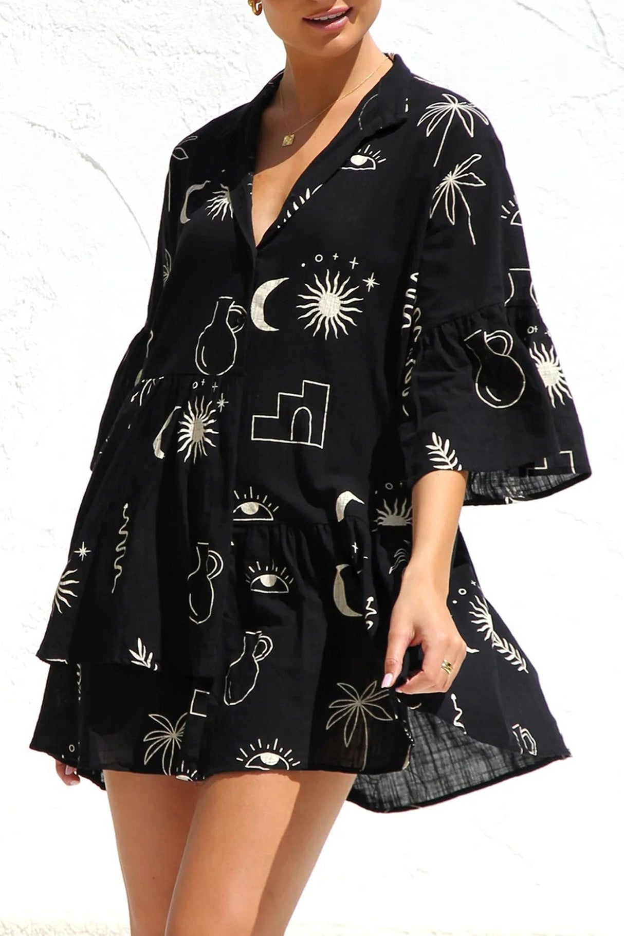 Arolora printed-flares-sleeve-ruched-mini-dress