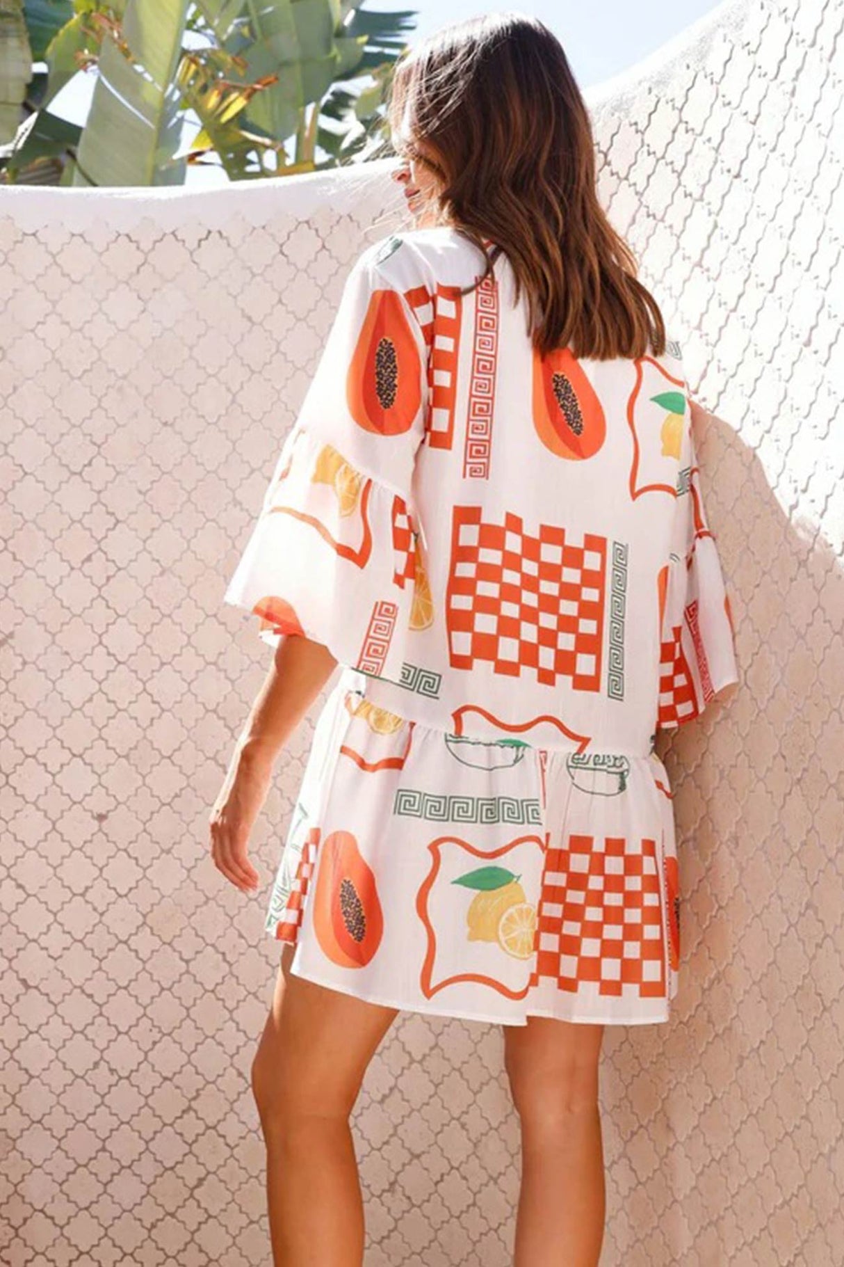 Arolora printed-flares-sleeve-ruched-mini-dress