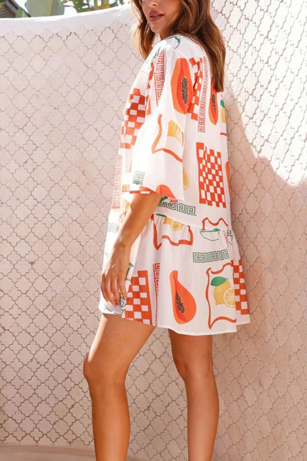 Arolora printed-flares-sleeve-ruched-mini-dress