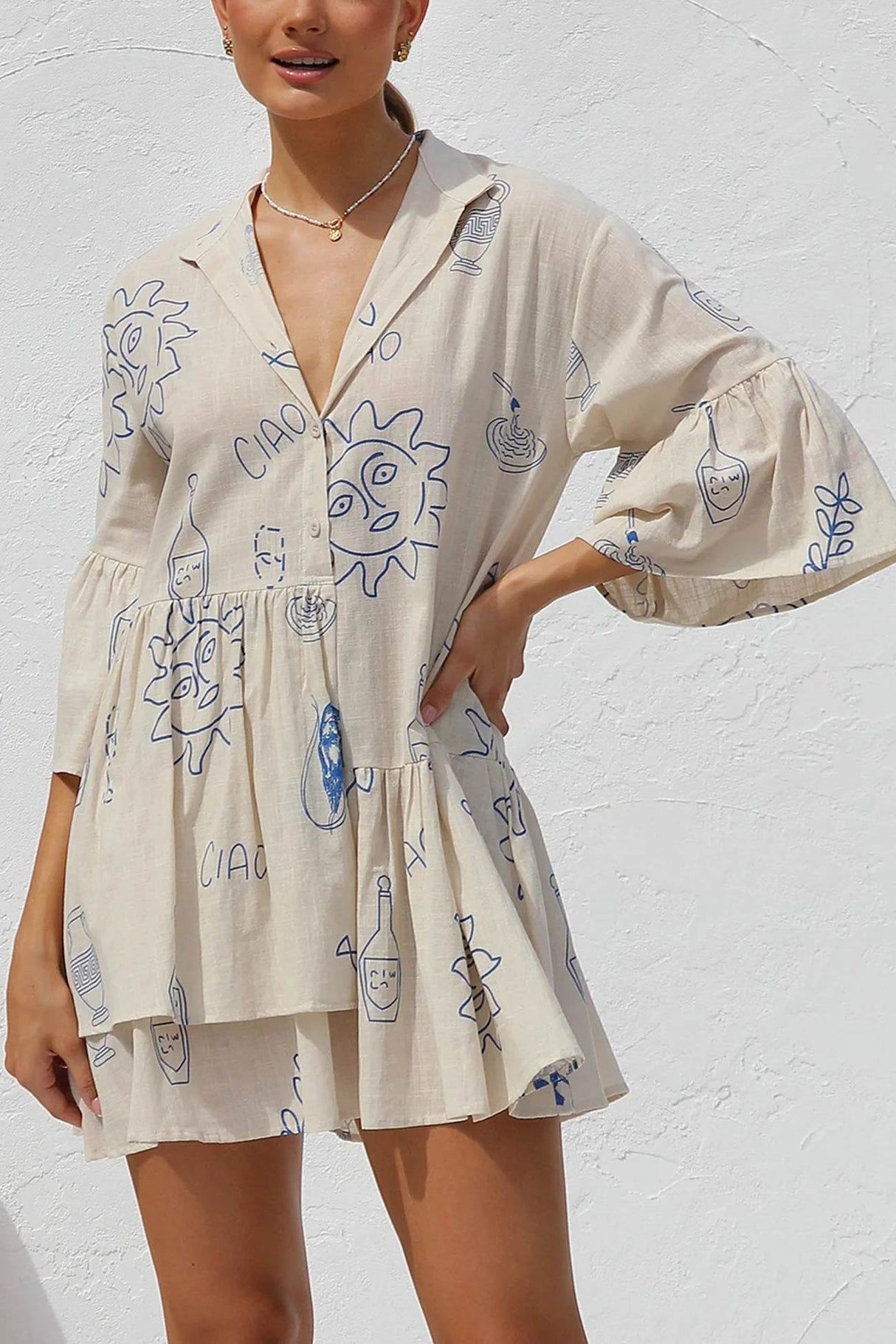 Arolora printed-flares-sleeve-ruched-mini-dress