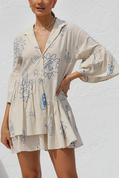 Arolora printed-flares-sleeve-ruched-mini-dress